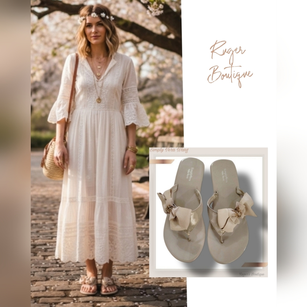🌿Elegant Vera Wang Wedge Sandals – Glossy Beige with Bow Detail